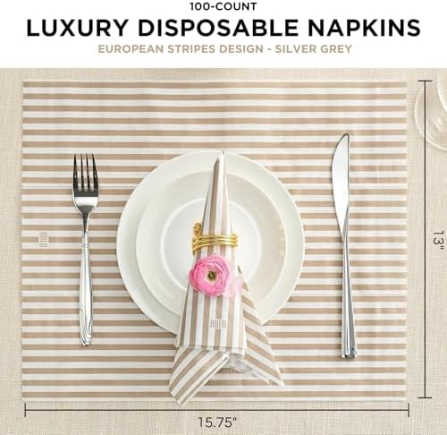 Khen 100-Count Luxury Disposable Napkins, European Stripes Design – 2-Ply Tableware, Linen-Feel Paper Guest Towels Elegant Soft & Absorbent Hand Towel, Party Napkin Placemats, 15.75"x13" - Silver Grey