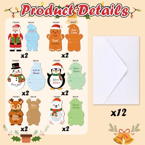 HEYINSHEN 12 Sets Xmas Gifts Card Holders with Envelopes Snowman Santa Gingerbread Man Money and Gift Card Sleeves Christmas Cash Holders Cute Cartoon Xmas Cash Gifts Holders Xmas Party Supplies