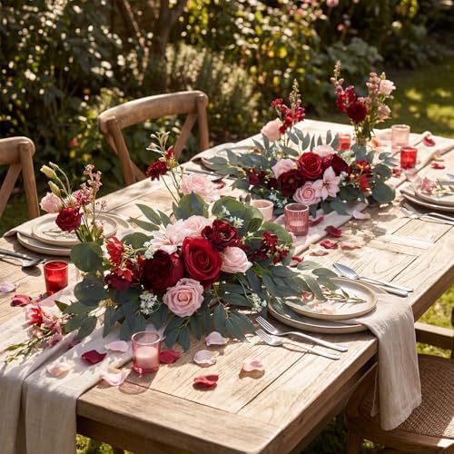 Hotop Wedding Arch Flowers Set of 4 Artificial Faux Floral Swag, Rose Red