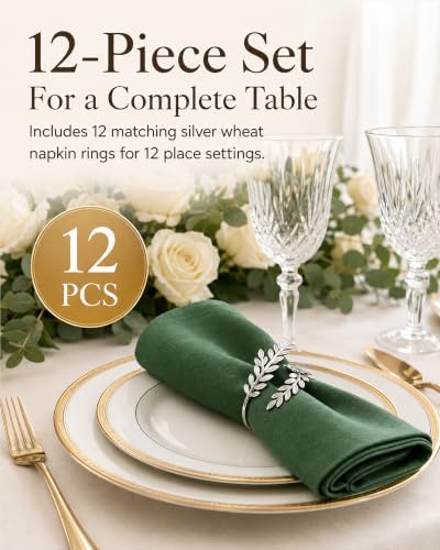 Silver Wheat Napkin Rings Set of 12 for Weddings and Holiday Tables