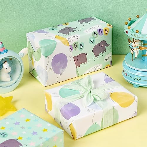 MAYPLUSS Baby Shower Wrapping Paper - 17" X 120" Per roll - Cute Little Boy Green Elephant Animal Design Birthday Joyful Celebration Gift Wrapping Paper for Baby Shower, Party, New Baby Birth