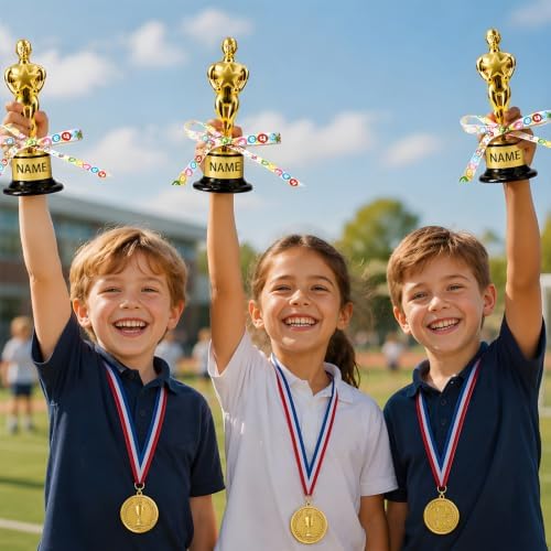 30 Pack Mini Award Trophies with Stickers, Marker & Ribbons