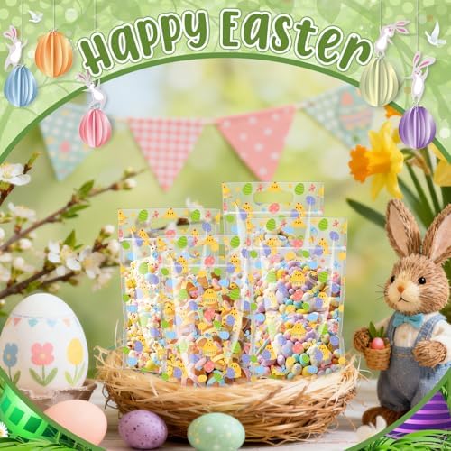 Engrowtic 100 Pcs Easter Treat Bags Reusable Easter Egg Zipper Bags Plastic Goodie Gift Bag Holiday Bag with Handles for Spring Party Favor Wrapping Supplies