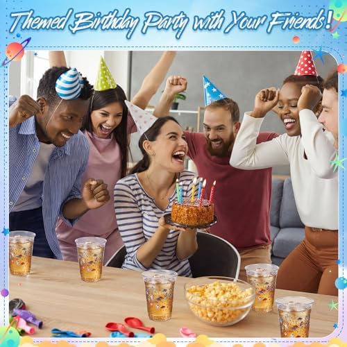 Funnymoom 60 Pack Space Plastic Cups 12 oz Outer Space Galaxy Planet Disposable Clear Plastic Drinking Cups for Planet Solar System Birthday Baby Shower Party Decoration Supplies