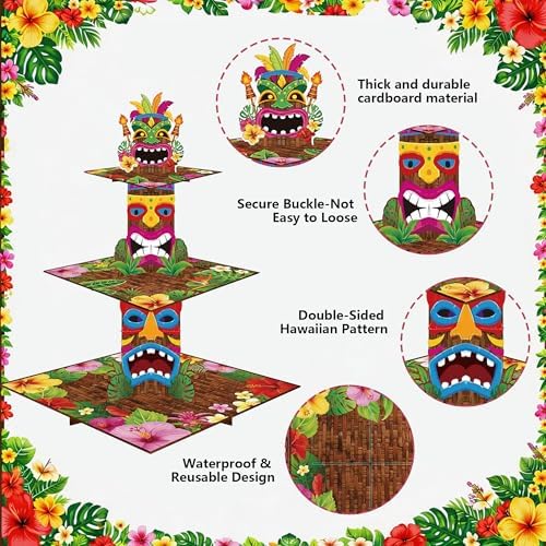 OHOME Luau Party Decorations | Hawaiian Cupcake Stand - 3 Tier Tiki Cake Holder - Tropical Party Decorations for Summer Beach Pool, Hawaiian Luau Birthday Favors Supplies