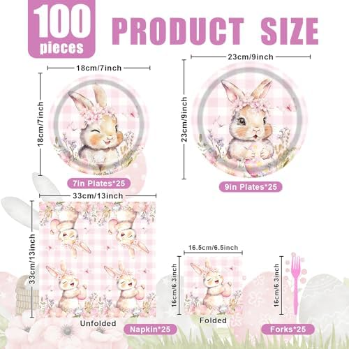 100 Pieces Easter Bunny Party Tableware Set – Pink Plaid Floral Rabbit Plates, Napkins and Forks, Spring Disposable Dinnerware for Easter Party, Birthday and Baby Shower Supplies