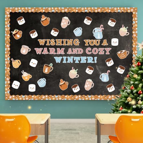 Christmas Winter Bulletin Boards - 115 Pcs Winter Cocoa Mug Marshmallow Design Set with Glue Points, Durable Cardstock & PET Film Protection for Classroom Winter Parties & New Year Xmas Decor