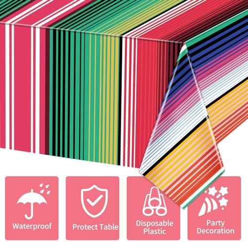 Hxezoc Disposable Plastic Mexican Serape Tablecloths, 54 x 108 Inch Mexican Striped Party Table Cover for Wedding Birthday Decorations Outdoor Indoor Party Supplies
