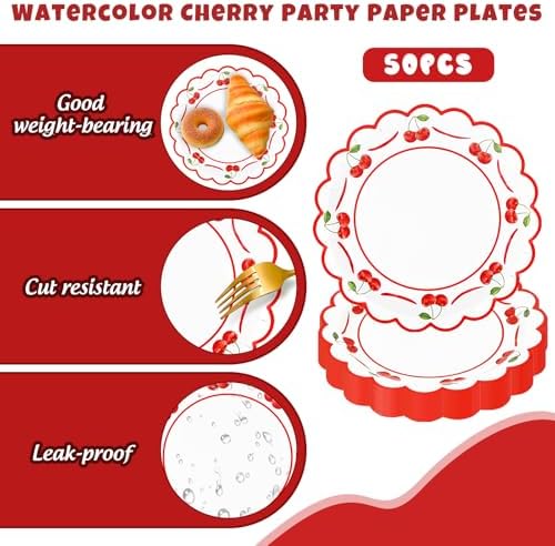 JarThenaAMCS 50 Pcs Cherry Paper Plates Scalloped Disposable Plate Red Decorative Tableware for Holiday Party Decor Supplies, 9 In