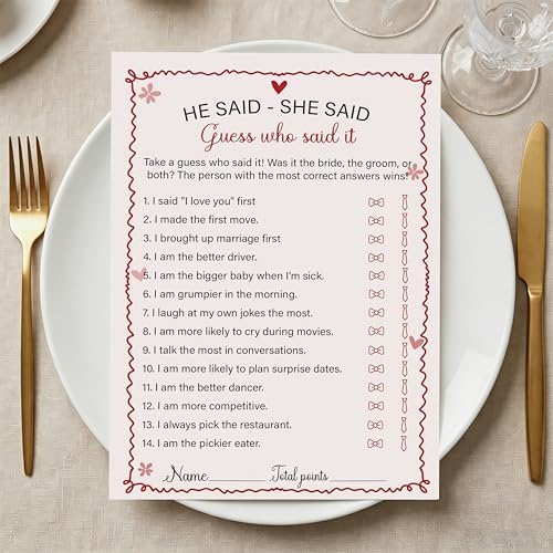 He Said She Said - Pink Bridal Shower Games Cards - 30 Fun Wedding Party Game Cards for Bridal Shower, Engagement, Bachelorette & Newlywed Party, Icebreaker Activity Supplies & Decorations