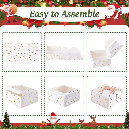 32Pcs 9x6x3 in Christmas Cookie Boxes with Window, White Gold-Star