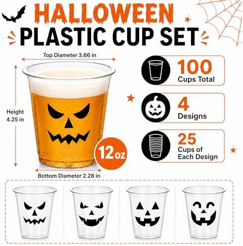 Halloween Plastic Cups,100 Pcs 12 oz Disposable Pumpkin Cups, 4 Designs