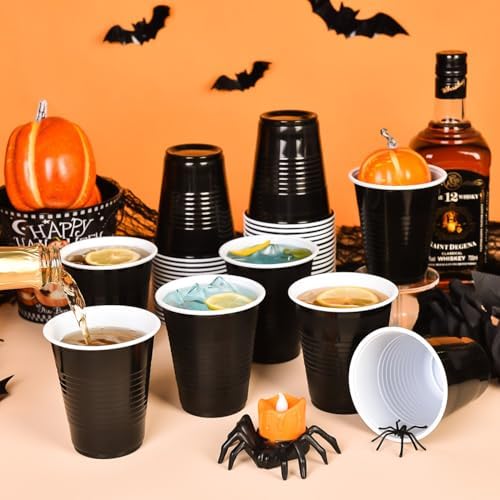 Vumdua Black Plastic Cups Disposable Cups, 12 oz Halloween Party Cups for Halloween, Birthday, Graduation, New Year Party Supplies, Pack of 40