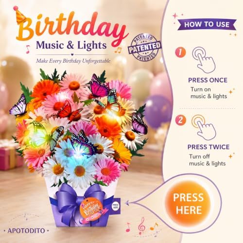 APOTODITO Birthday Cards, Butterfly & Daisy Birthday Card with Music and Light, Flower Bouquet 3D Card for Women Mom Wife