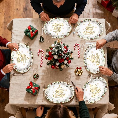 50Pcs Christmas Oval Paper Plates 10" x 12" Large for Merry Christmas