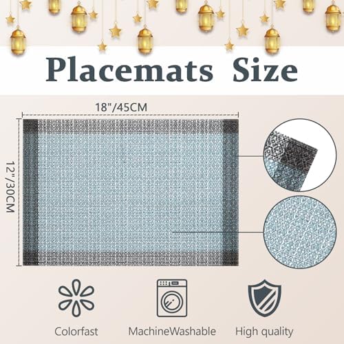 Bloss Blue Grey Boho Placemats Set of 4-12x18Inch Washable Table Mats