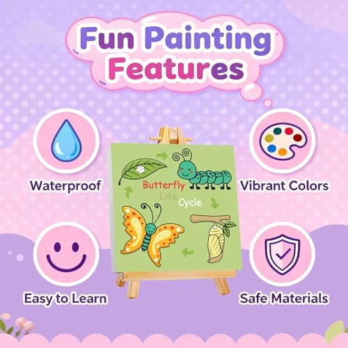 Gemozaic Butterfly Paint by Numbers Kit for Kids with Frame and Easel, Butterfly Life Cycle Framed Kids Paint by Number on Canvas Age 6-8-12 for Gift, Home, Wall Decor, 8x8 Inch