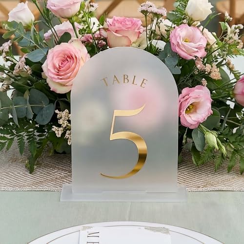 UNIQOOO Frosted Arch Wedding Table Numbers 1-15 w/Stands, Gold Foil Printed 5x7 Acrylic Display Signs &Holders, Pack of 15, Perfect for Centerpiece, Reception, Decoration, Party, Anniversary, Event