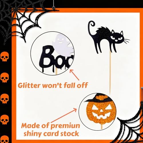 24 PCS Halloween Cupcake Toppers,Glitter Spider Witch Hat Spooky Little Boo Ghost Cat Pumpkin Cupcake Picks for Halloween Theme Baby Shower Kids Birthday Party Cake Decorations
