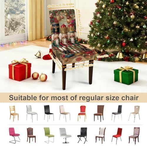 Nutcracker Chair Covers Set of 4, Stretchable Dining Chair Slipcovers with Christmas Ornaments for Christmas Holiday Decor