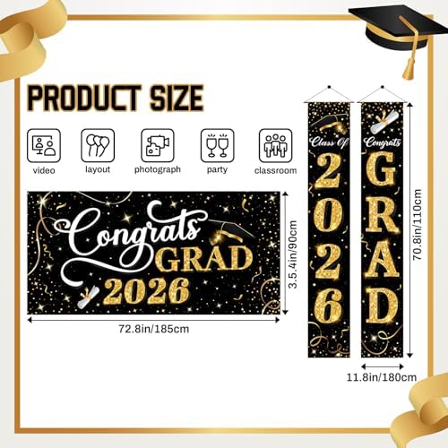 Class of 2026 Graduation Decorations, 3 Pcs Black Gold Congrats Grad Banner and Backdrop Set with 1 Photo Backdrop and 2 Hanging Banners for Indoor Outdoor Party Decor