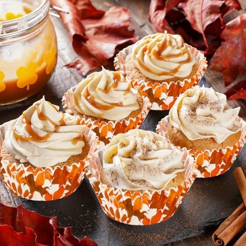 Whaline 300Pcs Fall Cupcake Liners Orange Maple Leaves Paper Baking Cups Thanksgiving Watercolor Leaves Cake Muffin Liner Cupcake Wrappers for Autumn Harvest Party Supplies, 2 x 1.2 Inch