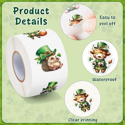 H1vojoxo St. Patrick's Day Sticker Rolls - 1000PCS Shamrock Irish Cute Cartoon Stickers for Kids 16 Design St. Patrick's Cute Animal Sticker for Craft St. Patrick Cartoon Animal Stickers for Envelope