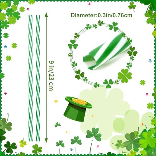 JANYUN 30 Pcs Green and White Straws Plastic, Reusable St Patricks Straws