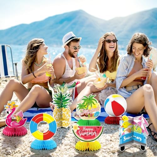 12 Pcs Summer Party Decorations Beach Honeycomb Centerpiece Summer Pool Table Topper Gnome Pineapple Flamingo Slipper Tropical Hawaii Table Centerpiece Decoration for Birthday Party Favor