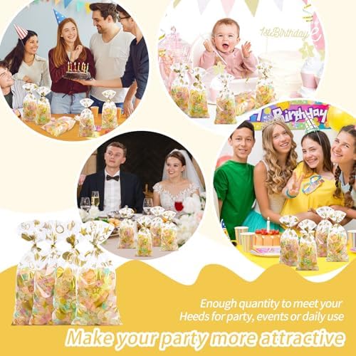 COQOFA 100 Pcs Gold 5"X11" Gift Wrap Cellophane Treat Bags Clear Party Favor Candy Cookie Bags Plastic Goodie Storage Bag with Twist Ties for Birthday, Wedding,Party Decorations(4 Patterns)