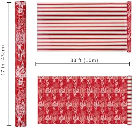 LaRibbons Red Christmas Wrapping Paper, Vintage Deer Winter Toile Design