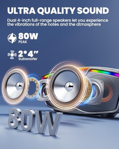 Bluetooth Karaoke Machine for Adults & Kids, 80W Portable Speaker with 2 Wireless Microphones, Echo Adjustment, Support USB/AUX/TF Card, for Outdoor/Indoor Gathering Gifts (Gray)