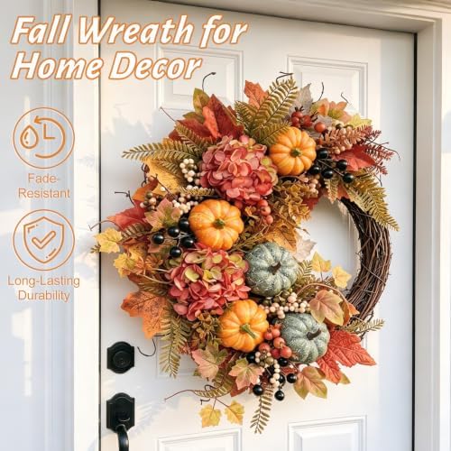 Fall Wreaths for Front Door, Artificial Pumpkin Hydrangea Autumn Wreath