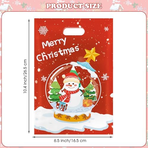 Litmitfu 50 Pcs Christmas Gift Bags with Handles, Plastic Merry Christmas Goodie Bags Bulk, Winter Candy Treat Tote Goody Cookie Party Favor Bag for Xmas Holiday Party Favors Supplies, 4 Styles