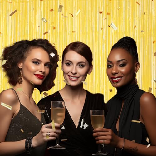DECOCKRAT 3 Pack Foil Fringe Backdrop - Pastel Yellow Shiny Tinsel Curtains for Party Decoration/Photo Booth Props - 3.3x8.2 FT Metallic Foil Backdrop for Birthday, Wedding, Graduation, Christmas.