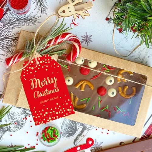 joycraft 50Pcs Christmas Tags with String, Red Merry Christmas Gift Tags