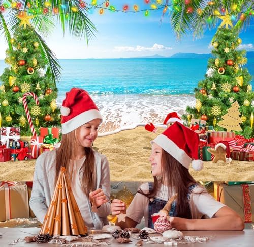 8x6ft July Christmas Backdrop Summer Beach Christmas Tree Photography Background Xmas Party Banner Tropical Hawaiian Holiday Decorations Supplies Photo Props