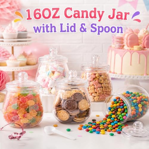 6 Pcs 16 Oz Clear Plastic Candy Jars with Lids & Spoons