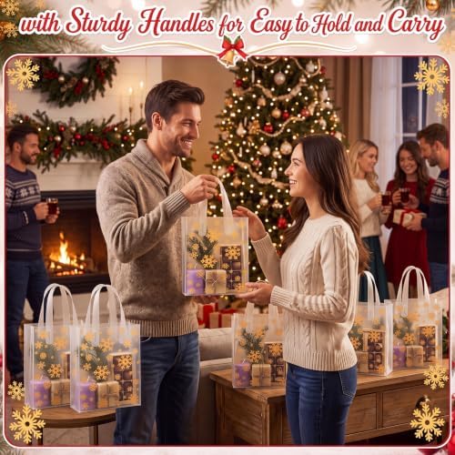 Pajean 25 Pcs Xmas Plastic Gift Bags with Handles, Gold Snowflake Pouches