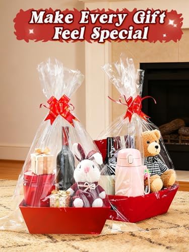 Beeplove 6 Sets Large Thick Kraft Baskets for Gifts Empty - Gift Baskets Empty Kit with Cellophane Wrap and Pull Bows for Wedding Birthday Bridesmaid Baby Shower, Red