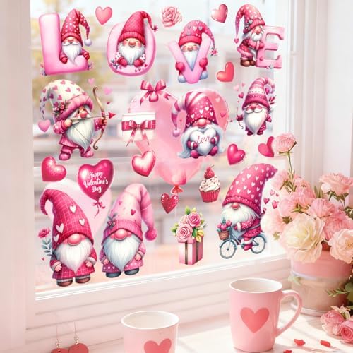 Whaline 9 Sheets Valentine' s Day Window Clings Cute Pink Love Gnome Heart Window Decal Reusable Anti-Collision Windows Decor for Wedding Anniversary Home Party Supplies