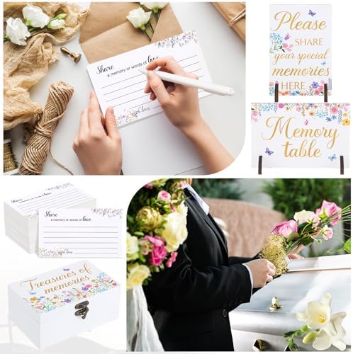 Gilprop 112 Pcs Celebration of Life Memory Cards Set Share a Memory Cards with Box 2 Wood Sign with 4 Hold and 5 Pens, Sympathy Memorial Gifts Funeral Keepsake Decorations(Wildflowers)