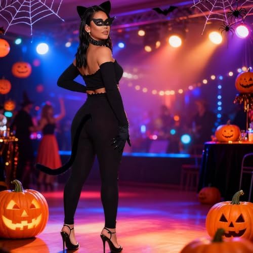 Halloween Cat Costume Accessories for Women, 5PCS Cute Black Cat Mask Ears and Tail Set, CatClaw Gloves Necklace for Adults Party Masquerade Cosplay