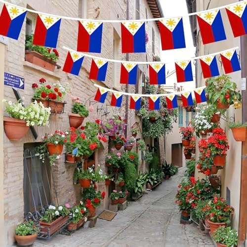 AhfuLife 30 Pcs Philippines String Flags for Independence Day Decorations, Small Filipino Flag Bunting Banner - Double Sided for National Day Christmas Party Decorations (5.5×8.3 Inch-33 Ft)