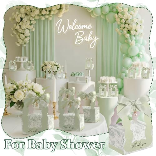 ForraFun 50 Sets Floral Wedding Favor Boxes with Pearl Pendant Bow, Green