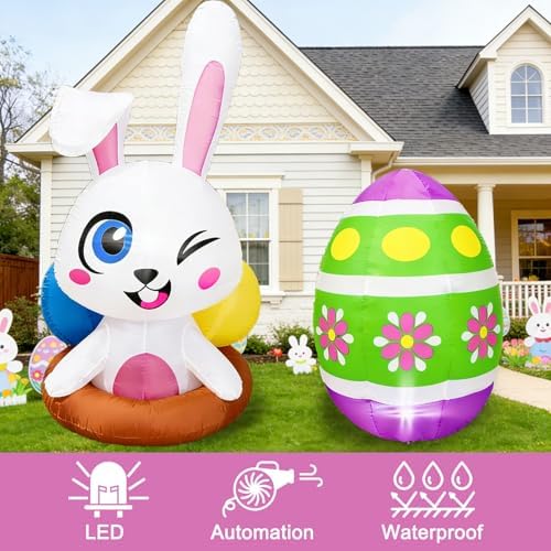 Set of 2PCS, 4FT H Spring Inflatable Bunny and Egg, Outdoor Easter Egg Hunting Sign Decorations, Cute Easter Blow up Winking Bunny & Giant Egg, Yard Decoration with LED Lights for Party Decor