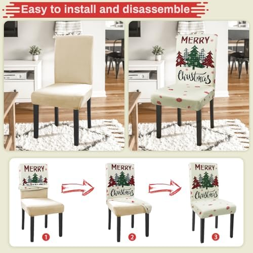 Christmas Chair Covers Set of 4 Xmas Tree Snowflakes Buffalo Plaid Stretch Parsons Chair Slipcovers for Winter Christmas Dining Room Decor Chair Seat Protectors(Christmas Red,4PCS)