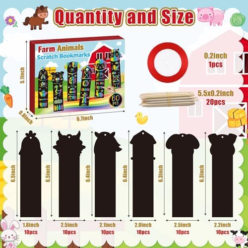 CY2SIDE Farm Animals Scratch Bookmarks - 60PCS Barnyard Animals Pig Cow Color Paper Cards Craft Kits for Kids, Spring Magic Art Scratch Bookmarks for Farm Birthday Party Favors Classroom Activities