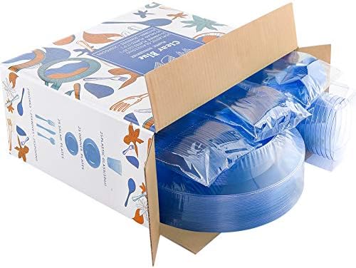 WDF 25 Guest Blue Plates with Disposable Silverware&Blue Cups-Neon Clear Plastic Dinnerware include 25 Dinner &Salad Plates,25Forks, 25 Knives, 25 Spoons,25 Cups for Graduation (Pack of 2)