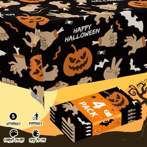 4 Pack Halloween Tablecloth,54" x 108" Pumpkin Hand Rectangular Plastic Table Cloth Large Size Halloween Table Covers for Home Decor Halloween Party Decorations